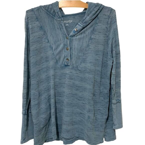 Soft Surroundings| Shirt Embroidered Hood Pullover Hoodie Button Cuff Blue Large - Picture 1 of 9